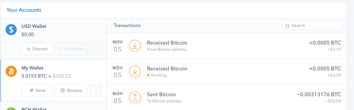 Coinbase transaction list showing pending transaction
screenshot