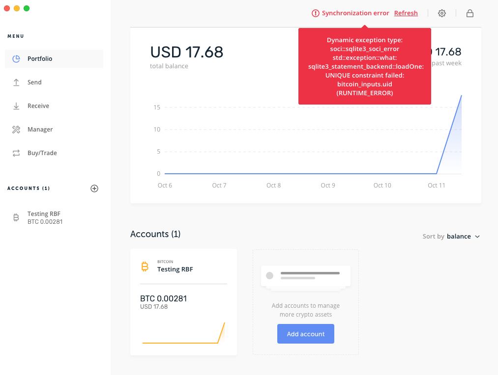 Ledger Live's Portfolio showing red error message
screenshot